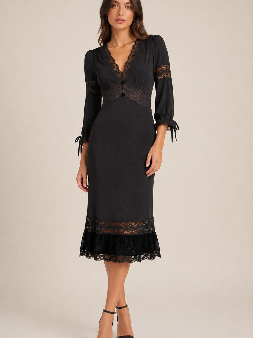 Dolce & Gabbana Vintage Black Lace-Trim Fitted Midi Dress - IT38